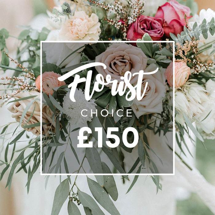 A soft-focus beauty, this lavish bouquet unfolds in pale pinks and creamy whites, with a touch of peach and burgundy for drama. Elegant pale pink and ivory roses with tightly furled petals anchor the arrangement, while ruffled ranunculus add a coral-tinged warmth and deeper fuchsia or burgundy blooms provide velvety depth. Smaller white textured blooms-chrysanthemums or cluster flowers-are tucked throughout, creating specks of light and texture. The bouquet is generously filled with greenery, most notably the rounded, silvery-green eucalyptus leaves that give a modern, natural edge. Finer feathery foliage and tiny brown-red buds offer subtle, organic accents, finishing a look that feels fresh, luxurious, and a touch wild-the signature Brent Cross style for weddings or high-end gifts. The flowers are arranged in a loose, generous hand-tied shape, allowing each bloom to stand out while moving as one. Across the center, a semi-transparent white square overlay presents Florist Choice, with Florist in a graceful script and CHOICE beneath in uppercase, followed by £150 in bold. The backdrop is softly blurred, drawing attention to the bouquet's form and the overlay. This image communicates a premium, bespoke offering from Brent Cross Flowers, ideal for wedding bouquets, lavish centerpieces, or a standout gift to celebrate an anniversary in Golders Green, Cricklewood, or the Brent Cross area, with same-day delivery available across north-west London.