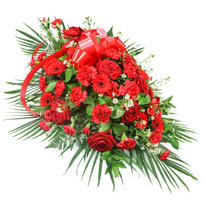 This striking red funeral spray, photographed against a clear white backdrop, is designed in a long, tapering silhouette that makes it ideal as a casket spray or focal tribute for a service around Brent Cross. The main body of the arrangement is rich with deep red blooms, anchored by classic roses whose velvety petals curl inward in tight buds and open out in generous, layered spirals, symbolising enduring love and honour. Surrounding the roses, clusters of red carnations bring a softer, ruffled texture; their many-petalled heads form a plush cushion of colour that fills the centre with warmth. Red gerbera daisies are interspersed throughout, each with a wide, flat halo of petals and a darker, textured centre, adding a contemporary accent and a sense of vibrant energy. Scattered lightly among the red flowers are tiny white blossoms, reminiscent of baby's breath or miniature chrysanthemums, that introduce gentle points of light and prevent the reds from feeling too heavy. The whole spray is framed by an abundance of greenery: long palm fronds extend outwards to the sides and along the length, giving the arrangement its elegant, elongated teardrop shape and a sense of movement, as though the foliage is gently fanning out. Beneath this, dense dark green leaves, possibly salal or ruscus, provide structure and depth, while delicate, fern-like fronds peek through, adding fine textural detail particularly at the edges. Near the top centre, a luminous red satin ribbon is arranged in a full, multi-loop bow, with sleek streamers that cascade subtly through the blooms, echoing the dominant red tones. Crafted with care for families in Brent Cross, Hendon and Cricklewood, this spray expresses deep affection, respect and a serene, dignified farewell.