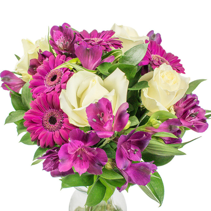 A meticulously crafted, circular bouquet set against a clean white background, where colour and texture are arranged with the sensibilities of an experienced Brent Cross florist. The visual poem begins with several bold magenta Gerbera daisies whose broad, flat petals and darker central discs project cheerful clarity; around them, creamy white roses open in layered spirals, their smooth petals catching the soft studio light with a satin sheen. Deep purple Alstroemeria are interspersed among the larger flowers, their delicate trumpet shapes and subtle speckled markings adding an intricate, almost filigreed detail that invites closer viewing. The lush green foliage-composed of both full, rounded leaves and more elongated, linear varieties-creates a verdant scaffold, giving the bouquet volume and sculptural balance while producing gentle contrasts of light and shadow through the arrangement. A suggestion of a clear glass vase is visible at the base, providing a neat visual anchor without pulling attention away from the floral artistry above. The overall mood is one of celebratory elegance: suitable for expressing gratitude, marking a birthday, or as a refined centerpiece for a family gathering in a Brent Cross home or a reception near Cricklewood Broadway. The scent would likely be a soft, floral whisper underpinned by fresh green notes, and the bouquet's composition reveals a thoughtful tension between vibrant energy and understated grace-an ideal choice when you want a gift that feels both contemporary and lovingly made.