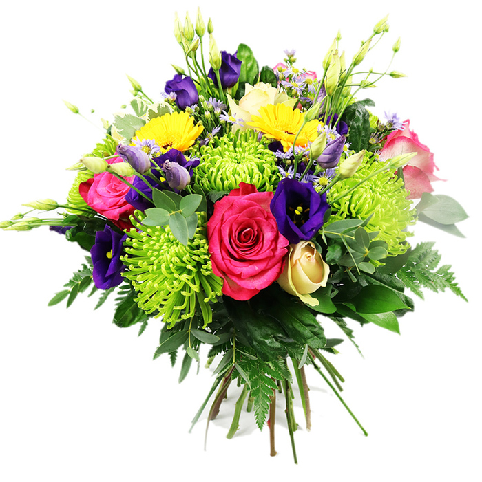 This vibrant, hand-tied bouquet is displayed against a bright white background, every bloom clearly defined as if freshly arranged on a florist's counter just off the busy streets of Brent Cross. At its centre, lush hot pink roses open in full, layered spirals, their velvety petals creating a luxurious focal point that immediately draws the eye. Surrounding them, lime-green spider chrysanthemums provide a striking counterpoint; their numerous thin, elongated petals splay out in all directions, giving the bouquet a sense of playful motion and modern flair. Deep indigo and royal purple lisianthus blooms thread between the brighter shades, some fully open and gently ruffled, others still in elegant, tapered bud, adding a rich, jewel-like depth reminiscent of twilight tones over local North West London gardens. Bright yellow gerbera-type flowers appear throughout, each round centre encircled by tidy petals that radiate warmth and optimism, like shafts of afternoon sun. A single creamy yellow rosebud nestles near the base, its tightly furled petals suggesting a moment of calm and new beginnings amidst the colour. Fine sprays of petite lavender and soft pink filler flowers, together with slender white buds, lend intricate detail and the impression of meadow flowers gathered at their peak. Enveloping the blooms, layers of dark and mid-green foliage-shiny broad leaves, lighter eucalyptus-like stems, and feathery fern fronds-form a lush, textured frame that enhances the bouquet's fullness and natural grace. The stems are visible and neatly tied, revealing its hand-crafted nature and making it perfect for slipping straight into a vase at home. The overall composition feels joyful and generous, suited to birthdays, anniversaries, or simply brightening a living room with a touch of Brent Cross floral artistry.