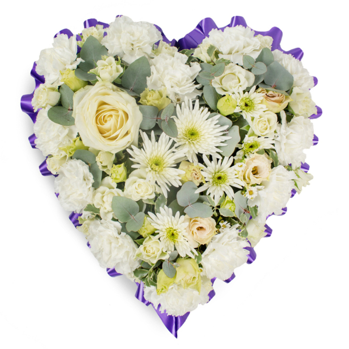 Presented against a stark white background, this heart-shaped floral tribute reads as a study in calm and careful craftsmanship, its pale palette glowing in gentle, diffused light. Anchoring the design is a solitary creamy-white rose at the centre, its compact spirals suggesting steadiness and devotion. Surrounding it, dense clusters of white carnations create a plush, cloud-like volume; their ruffled petals provide tactile weight and a reassuring softness along the heart's interior. White spider chrysanthemums and small daisy-style buttons punctuate the massing with their narrow, spiky petals and subtle lime-pale centres, adding crispness and visual lift. Tucked into the composition are smaller cream roses and tight lisianthus buds, their compact forms and slight blush tones offering tender accents that deepen the arrangement's emotional resonance. Sprays of silvery-blue eucalyptus weave through the flowers, the muted foliage breaking the white with cool tones and offering a delicate, herbal scent when moved. The entire piece is bordered by a rich purple ruffled ribbon, its scalloped edge sharply defining the heart shape and introducing a solemn, respectful contrast to the predominantly white blooms. This arrangement feels appropriate for a memorial service or funeral cortege in the Brent Cross area - perhaps placed at a local crematorium or laid alongside wreaths at a service on nearby Clitterhouse Lane - conveying heartfelt sympathy, dignity, and a quiet promise of remembrance. The layering, mixture of textures, and restrained colour accents reflect experienced floristry intended to bring comfort and reverence at a time of loss.