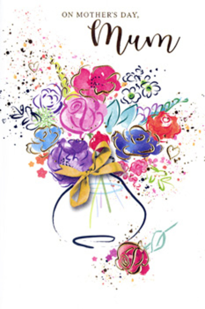 In this expressive Mother's Day card design, the bouquet appears as a poetic watercolour composition, as if freshly envisioned by a seasoned florist who often serves families around Brent Cross. Central to the illustration are full, blooming roses in shades of vivid pink and deep magenta, their petals rendered through layered washes that fade at the edges, creating a soft, almost velvety effect. Nestled between them, airy clusters of blue and lavender blossoms provide a gentle contrast, their cooler tones soothing and balancing the warmth of the pinks. Fine gold accents outline select petals and skim the edges of subtle foliage, catching the light as delicately as sunbeams slipping through branches in nearby Clitterhouse Playing Fields. The bouquet is set against a pristine white backdrop, which lets each colour and contour breathe, giving the feeling of a fresh arrangement placed in front of a bright window. Splashes of paint and light dabs of colour extend beyond the main cluster, adding a sense of joyful movement and echoing the excitement that often fills a home on Mother's Day morning. At the bottom, a simple, soft-toned vase cradles the stems, its curved shape bound with a slender ribbon that suggests the quiet rustle of wrapping when flowers are prepared for delivery. The overall mood is gentle and heartfelt, blending artistry and sentiment into a single image. It feels like a painted echo of a real bouquet from Brent Cross Flowers, ready to accompany warm words of thanks and love to mums across Brent Cross, Hendon, and Golders Green.