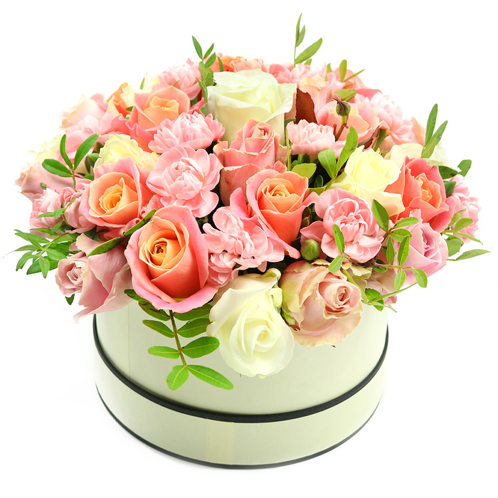 Presented in a neat round hatbox of creamy beige, this luxurious floral dome is a study in soft, romantic colour and expert craftsmanship - the box's matte finish is trimmed with two narrow dark bands at the rim and base that lend a tailored, almost couture quality to the presentation. At the heart of the arrangement are generous roses, their inner petals warmed with coral-peach and apricot hues that fade into delicate blush pinks and pristine ivory at the outer edges, so each blossom appears to glow from within. Textural contrast is supplied by numerous pale pink carnations, their frilled edges creating a ruffled counterpoint to the roses and filling the bouquet with gentle movement. Sprigs of bright green foliage with elongated leaves rise here and there, offering crisp highlights and a suggestion of cool garden air. The photograph's pure white background and soft side lighting bring out the velvety sheen of the petals and the subtle gradations of tone, emphasising the arrangement's lush round silhouette. As a Brent Cross florist might arrange for neighbours around the shopping centre or along Cricklewood Broadway, this composition is ideal for special occasions - birthdays, anniversaries, Mother's Day, or a refined thank-you - and reads as both an intimate keepsake and a polished gift, ready to be placed on a coffee table or given with warm local delivery across the Brent Cross area.