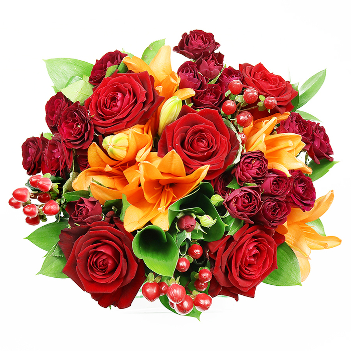 Captured from above on a spotless white field, this dense circular bouquet reads like an opulent still life of warm-season blooms, built around several sumptuous, fully opened deep-red roses whose velvet petals curl outward to reveal layered centres. Interspersed are brilliant orange Asiatic lilies, their trumpet forms and occasionally visible stamens giving vertical punctuation and a sense of unfolding drama-some are wide open, others midway through unfurling, which lends the bouquet a living, dynamic quality. Richly hued spray roses in deep burgundy nestle closely, their tiny clustered heads creating textural depth and a luxurious, velveteen shadow beneath the larger flowers. Scattered throughout are glossy red Hypericum berries that act like small, reflective jewels, adding playful contrast against the soft matte of petals. Lush broad foliage-likely ruscus or salal-emerges between blossoms, its glossy green planes balancing the warmth of the reds and oranges while lending the arrangement structure and weight. The lighting is gentle and forgiving, smoothing edges and revealing subtle variations in petal sheen and berry gloss without harsh highlights. One can almost sense the mingled fragrances: the rose's classic, full-bodied sweetness layered with the lily's sharper, spicy-citrus notes. This bouquet conjures feelings of celebration and intimate romance and would suit an anniversary table or a thoughtful gift delivered within the Brent Cross area, perhaps brought from a morning market run or set down to brighten a living room near Hendon or Golders Green.