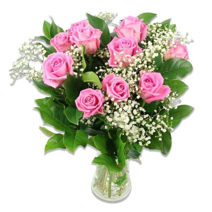 A fresh, romantic bouquet of pink roses and white baby's breath, presented in a clear glass vase, stands out vividly against a spotless white background that transforms the flowers into the sole focus of the scene. At the heart of the arrangement, ten to twelve pink roses gather close together in a generous cluster, their petals unfurling in layered spirals from soft blush tones to more medium, rosy pink towards the centre of each bloom. A few roses are more tightly furled, almost bud-like, suggesting very recent cutting, while others are wide open, revealing the detailed structure of their petals, much like the unfolding stages of a new baby's first weeks that families in Brent Cross might be celebrating. Interwoven through the roses are airy stems of white baby's breath, their miniature, cloud-like blossoms forming a fine, misty layer that softens the overall look and adds an element of innocence often associated with baby flowers and naming ceremonies. Surrounding this gentle mix, lush dark green leaves, likely the natural rose foliage, provide a sturdy, contrasting frame that makes the pastel tones stand out even more clearly. The bouquet is anchored in a simple, cylindrical glass vase, its transparency showcasing the straight green stems immersed in clear water, a quiet testament to the freshness and care behind the design. Soft yet bright lighting falls evenly across the arrangement, sharpening the textures of petals and leaves while maintaining a tranquil, almost serene mood. This image conveys tenderness, affection, and quiet celebration, perfectly suited for baby shower themes, new family announcements, or gorgeous nursery flowers delivered throughout Brent Cross and nearby North London neighbourhoods.