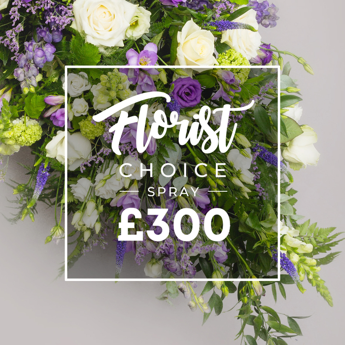 A beautifully balanced funeral spray in a palette of purples, whites, and greens unfolds in a generous, cascading form. Ivory white roses anchor the arrangement, surrounded by soft white lisianthus and delicate freesias. Rich purple lisianthus and lavender-hued blooms provide regal depth, while tall spires of veronica or delphinium lend vertical rhythm. Sprigs of lavender limonium float like lilac mist, and the verdant backdrop of ferns and broad green leaves adds texture and volume. The overall silhouette is full and elongated, designed to lie gracefully on a coffin or stand as a dignified memorial tribute. Against a soft grey background, a semi-transparent white overlay frames the center, with Florist Choice Special above the price ?300 in bold white type. The piece speaks of careful craft, a refined blend of open blooms and sculpted greenery that conveys calm and remembrance. It is a local London creation serving Brent Cross, Cricklewood, and Golders Green, with the promise of reliable delivery across NW4. This keeps the tone respectful and timeless, a tribute made with sensitive hands and a deep knowledge of how flowers carry emotion in times of goodbye.

Designed to offer solace, the spray combines the gentleness of white blooms with the drama of purples, balanced by fresh greens that give the arrangement a natural, garden-like feeling in a Brent Cross setting.
