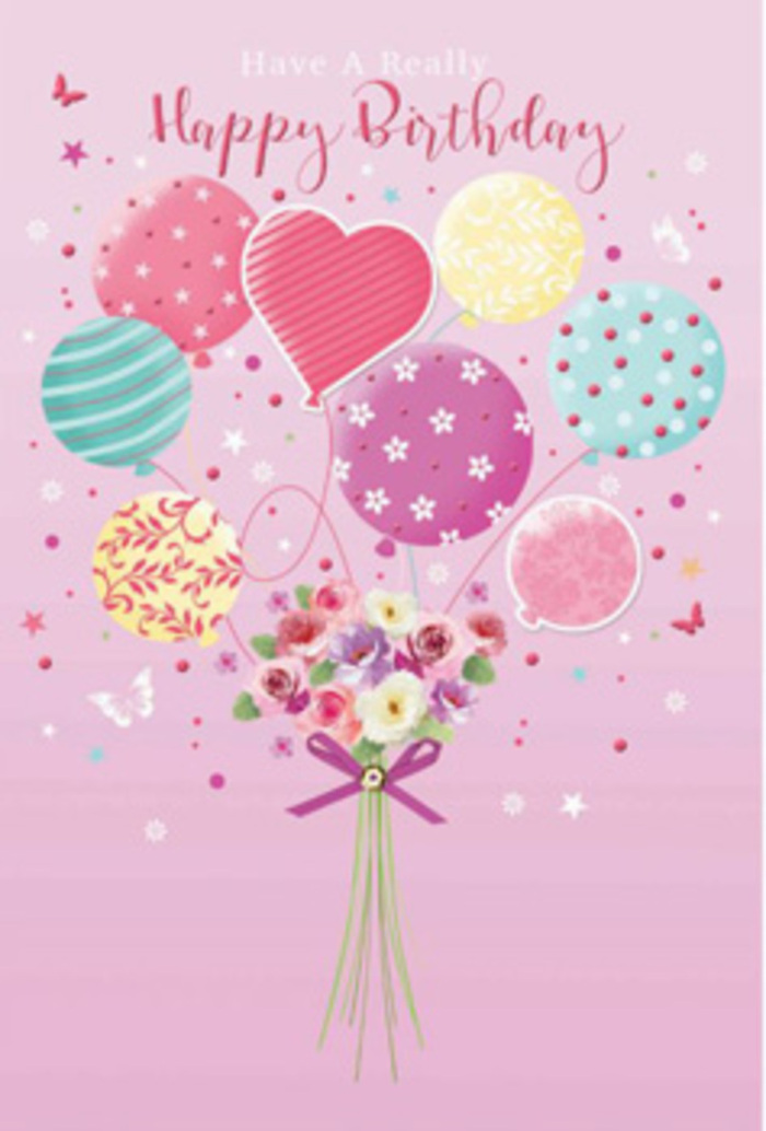 This birthday card illustration feels like a little celebration lifted straight from the heart of Brent Cross, where florals and balloons come together in a soft, pastel dream. A pale pink background stretches across the scene, soothing and warm, reminiscent of the sky beyond the rooftops near Brent Cross station just after sunrise. At the bottom centre, a small yet lush bouquet is hand-tied with care. It features petite roses and anemone-like flowers in creamy ivory, blush pink, and gentle mauve, with petals that appear velvety and full, as though they have just been conditioned and arranged by an expert florist. The bouquet's green stems are cinched by a purple satin bow, the knot snug and the ribbon loops shimmering faintly as they catch the light. Floating above the flowers, a cluster of balloons is illustrated in a graceful ascent. Each balloon is unique: soft sea-green orbs with ribbon-like stripes winding upward, sunlit lemon balloons dotted with playful confetti spots, and rosy pink and lavender ones adorned with swirling lines and delicate floral patterns. At the centre, a heart-shaped balloon subtly stands out, symbolising affection and making the design perfect for someone dearly loved. Gentle light illuminates the scene, glinting off the smooth, glossy balloon surfaces while also enhancing the natural glow of the blooms below. Around them, a scattering of tiny stars and delicate butterflies adds movement and magic, as if caught in a breeze drifting over the paths and gardens of NW4. The overall mood is light, joyful, and tender, capturing the happiness of a birthday surprise sent with care from Brent Cross Flowers to someone special nearby.