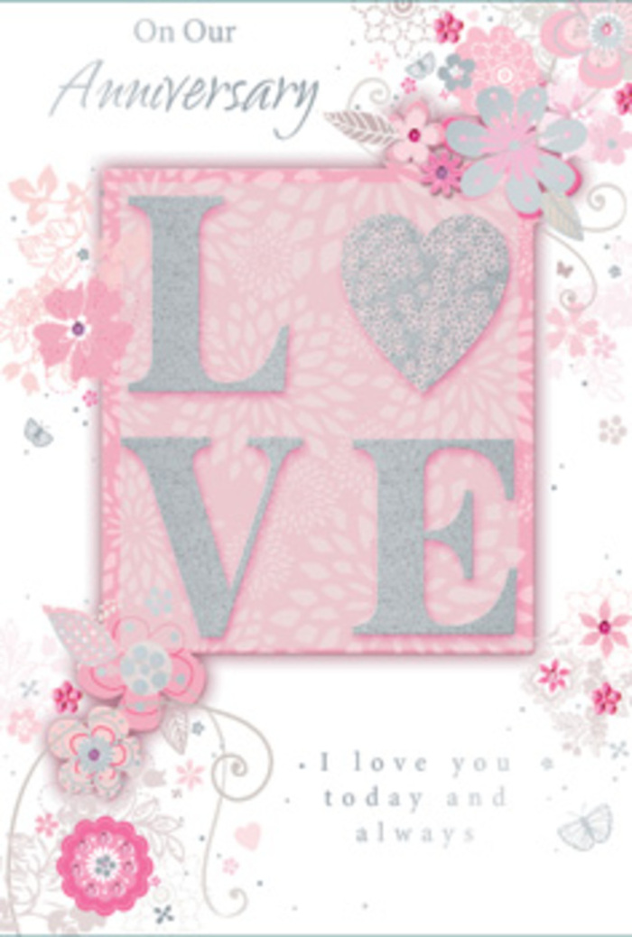 Opening this anniversary card feels like stepping into a softly lit room where love is part of the everyday landscape, as familiar and comforting as passing through Brent Cross on the way home. The card's design is bathed in serene shades of blush pink, ivory, and the faintest whisper of lilac, with delicate silver accents adding a quiet sparkle. At the centre, the word LOVE is highlighted in frosted, raised glitter, creating a tactile surface that invites you to trace each curve and edge. This gentle texture catches the light like fine frost on a windowpane, giving the central word depth and presence. Surrounding it, an array of wispy, hand-drawn flowers and leafy sprays drifts along the borders. Their petals, rendered in soft pinks and creamy whites, appear to float just above the card's surface. Slender stems and filigree lines curl and loop, linking each bloom together with the graceful flow of a hand-tied bouquet from Brent Cross Flowers. Hidden among the flowers, tiny butterflies and delicate flourishes add a sense of movement, like hearts fluttering at a shared memory. The message I love you today and always, or a similarly tender phrase, rests within the composition in understated, elegant lettering. It invites a pause, a moment of stillness to recognise years of companionship, shared laughter, and quiet support. The entire card feels like a bouquet translated into paper form-romantic, gentle, and heartfelt, perfect for an anniversary celebration at home or after an evening out near Brent Cross Shopping Centre.