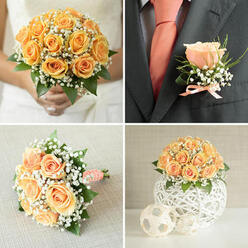 This quartet of photographs captures a cohesive wedding palette of soft peach and green, assembled with practised hands for nuptials across Brent Cross and the surrounding neighbourhoods. In the top-left frame a bride in soft white cradles a compact, round bouquet that reads like a study in texture: abundant peach-orange roses, each petal velvety and full, interwoven with delicate white gypsophila and glossy foliage that provides sculpted depth. The light is calm and flattering, revealing how the blooms hold scent and form. Top-right focuses on the groom's suit-a deep charcoal or navy jacket-adorned with an artfully simple boutonniere: a single peach rose bud, airy baby's breath, a sliver of green, and a petite peach ribbon bow that picks up the warmth of a coral-tinged tie against a crisp white shirt. Bottom-left shows the bouquet set gently on a pale, textured cloth; the round silhouette is emphasized, and the handle is wrapped in a decorative white ribbon with tiny peach dots and anchored by pearl pins, a meticulous florist's finish that makes the piece comfortable to carry. Bottom-right presents a reception centrepiece: a domed mass of matching apricot roses and clouds of gypsophila arranged atop a white, woven spherical vase, with two smaller woven spheres placed in front as complementary accents. As a Brent Cross Flowers composition, this grouping feels simultaneously classic and contemporary-balanced for church ceremonies or boutique venues near the shopping centre-and suggests the quiet fragrance and handcrafted details expected from a local florist delivering thoughtful arrangements across Brent Cross, Hendon and Cricklewood.