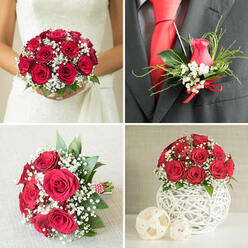A romantic four-image composition illustrates a cohesive red rose and baby's breath wedding theme, the kind often chosen by couples marrying around Brent Cross and the nearby parks. In the top-left frame, a bride in a classic white lace wedding dress gently holds a rounded bouquet close to her waist. The bouquet is dense and luxurious, built from tightly clustered, velvety red roses with their petals spiralling inward, interlaced with delicate clouds of white baby's breath. Small glimpses of glossy green foliage add contrast, making the red and white tones glow against the gown. In the top-right image, a groom's boutonniere sits smartly on the lapel of a dark grey suit jacket, worn over a clean white shirt and a striking red tie that perfectly matches the roses. The tiny arrangement features a single red rosebud, framed by sprigs of gypsophila, slim green leaves, and fine blades of decorative grass, all tied together with a neat red satin bow, giving a refined yet personal touch. The bottom-left panel shows a second bouquet laid carefully on a textured light grey surface, echoing the bridal flowers with open, full-bodied red roses, plentiful white baby's breath, and lush greenery, its stems neatly secured with red and white striped twine that suggests artisan craftsmanship from a local North London florist. In the bottom-right frame, a compact, dome-shaped centerpiece of red roses and baby's breath crowns a distinctive white spherical vase made from woven, lattice-like strands. Two smaller, off-white woven balls sit in the foreground, creating a harmonious, contemporary display that would sit beautifully on reception tables at a Brent Cross hotel or restaurant.