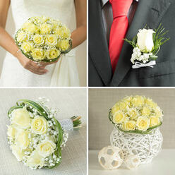 Under soft daylight this boutonnière reads as a small, eloquent statement: a single pale yellow rose takes centre stage, its petals compact and velvety, offering a calm and understated luminosity. Around the rose, delicate sprays of baby's breath punctuate the composition with tiny white florets that have a fine, almost feathery presence, while narrow green sprigs add vertical punctuation and a hint of freshness. Everything is tied together with a crisp white ribbon that lies smooth against the stem, finishing the piece with a clean, tactile edge. When pinned to a smart black lapel beside a vivid red tie, the contrast becomes quietly dramatic-the softness of the blossom against the structured fabric reads as affection within celebration, a floral punctuation mark to the wearer's outfit. There is a subtle scent-light, floral, slightly honeyed-that sits close to the skin without overwhelming, a reminder of the natural world in the midst of formal attire. As a florist who often works for local couples preparing in the flats around Brent Cross and the quieter streets off the North Circular, I make these small pieces to feel personal and durable: flat enough to sit neatly on a lapel yet plush enough to be noticed in photographs and hugs. The boutonnière is more than an accessory; it is a tiny, fragrant promise, crafted with careful wiring and hand-placed fillers so it will endure through processional smiles and dancefloor embraces at venues around Brent Cross and neighbouring Hendon.