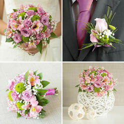 This four-part collage captures an entire wedding flower story in harmonious tones of pink, lavender, and fresh green, reminiscent of a refined ceremony near Brent Cross. In the upper-left panel, the bride is shown from the shoulders down, her white lace dress softly blurred so that the rounded bouquet she holds becomes the focal point. It is lush and tightly composed, filled with pale pink and lilac roses at different stages of opening, giving the bouquet a sense of depth and movement. Between the roses, bright green button chrysanthemums add uplifting flashes of colour, while pale pink alstroemeria, lightly speckled with yellow, and feathery white baby's breath lend a delicate, airy texture. A frame of glossy green foliage completes the bouquet, evoking the freshness of flowers gathered just that morning. In the upper-right panel, we see a dark charcoal-grey suit jacket paired with a bold fuchsia tie. Pinned to the lapel is a petite boutonniere, made from a single light pink rosebud, a few tiny green chrysanthemum heads, and sprigs of gypsophila, with slender blades of decorative grass looping gently around. Everything is neatly secured with a slim pink ribbon that echoes the tie, creating a subtle but thoughtful coordination. The lower-left panel reveals a horizontal view of a matching bouquet resting on a beige textured cloth. Here, the fuchsia ribbon wrapping the stems stands out clearly, revealing the hand-tied spiral and the even spacing of roses, button chrysanthemums, alstroemeria, and baby's breath, all arranged with the care of an experienced florist. In the lower-right panel, a rounded table centerpiece sits on a white surface. The same blooms rise in a dome from a white spherical vase with an intricate, woven or lattice finish, flanked by two smaller woven decorative spheres. The designs feel perfectly suited to wedding receptions and intimate gatherings around Brent Cross and nearby Hampstead Garden Suburb.