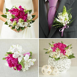 This four-panel collage portrays a unified wedding flower collection designed around vivid fuchsia peonies and white alstroemeria, with fresh green details tying each piece together, much like a carefully planned Brent Cross event. In the top-left panel, the bride appears in a strapless white gown, visible from the waist up. Her hands gently support a full, rounded bouquet where deep magenta peonies, heavy with ruffled petals, are paired with crisp white alstroemeria brushed with maroon freckles. Pale green, spiky floral elements peek between the blooms, while dark green leaves frame the edges, creating a richly textured arrangement that feels joyful and polished. In the top-right panel, the groom's charcoal suit and lavender tie provide a dark, calm backdrop. On his lapel sits a small boutonniere composed of white alstroemeria flowers, fine green spikes, and a hint of foliage, all wrapped in a narrow lavender satin ribbon that harmonizes with his tie and the bridal bouquet. On the bottom-left, a smaller bouquet lies on softly textured beige fabric. It echoes the main bouquet's structure-fuchsia peonies, white Peruvian lilies, green accents-its stems tightly bound in a vibrant lavender ribbon, perfect for bridesmaids walking to a venue just off the North Circular. The bottom-right panel transforms the same flowers into table décor. Here, the blooms are clustered into a compact centerpiece, nestled inside a white spherical vase woven from slender bands arranged in a crisscross pattern. Beside it, three beige wicker spheres of varying sizes extend the natural, tactile theme across the table. Together, the four panels show how one floral palette can shape every part of a Brent Cross wedding day, from aisle to reception.