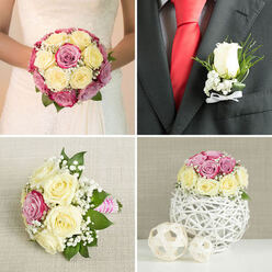 This four-part wedding collage offers a gentle journey through coordinated floral details, all united by a palette of cream, pale yellow, blush pink, and soft mauve roses, lifted by white filler flowers and leafy greenery. In the top left frame, the bride is shown from the shoulders down, dressed in a classic white gown with subtle lace on the bodice that glows softly, as if in natural light streaming through a Brent Cross townhouse window. Her bouquet is a compact, rounded cluster of roses, cream and pale yellow blooms interwoven with deeper pinks, the petals tightly layered for a luxurious, almost velvety look. Baby's breath and touches of green foliage thread through the design, creating a sense of movement and freshness, like a garden gathered into her hands. The top right panel shifts to the groom's lapel, where a single white rose boutonniere rests against a dark grey suit. The pristine bud is encircled by sprigs of green and tiny white flowers, bound together with a white satin bow that sits elegantly above a bold red silk tie, balancing tradition and modern flair, reminiscent of city weddings near the Brent Cross Shopping Centre. In the bottom left, a bridesmaid's bouquet lies on pale, textured linen, its cream and yellow roses mingling with pink blooms and airy baby's breath in a slightly looser, more relaxed style. The stems are neatly finished with a pink and white striped ribbon handle, suggesting thoughtful, personal touches. The bottom right image focuses on a wedding centerpiece: a low, rounded arrangement mirroring the bridal bouquet, perched on a sculptural white twig sphere, flanked by two smaller woven balls, all set against a soft beige backdrop. This final scene evokes a tastefully styled reception table, the sort of refined decor a Brent Cross florist might create for local hotel and riverside venues.