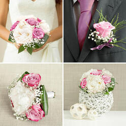 The photograph gathers an intimate suite of wedding flowers, designed with the elegance and ease that suits a Brent Cross celebration. Dominating the composition is the bride's bouquet, a lush hand-tied cluster of cream peonies with full, ruffled faces, intertwined with blush-pink roses that spiral inward in velvety curls. Deeper accents of magenta and muted lavender roses are tucked between the lighter blooms, adding dimension and a hint of drama, like evening light settling over nearby Hendon and Golders Green. Fine clouds of white gypsophila thread through the bouquet and around its edges, softening every transition and giving the impression that the flowers are sitting within a gentle mist. The entire arrangement is held together by smooth, sculptural green leaves, their glossy surfaces catching the light and framing the pastel petals with a fresh, botanical contrast. Resting beside the bouquet is the groom's boutonnière: a single lilac rose, perfectly formed and slightly cupped, cradled by feathery greenery and tiny white blossoms, its stem discreetly wrapped in a narrow lavender ribbon that glows faintly. In the background, a white woven vase holds a related bouquet in similar tones of cream, blush, and light rose, suggesting a table centrepiece ready to grace a reception space close to the Brent Cross shopping centre or a nearby garden marquee. The lighting is soft and natural, evoking a calm, reflective atmosphere, as if these pieces were photographed in a quiet room just before the ceremony. Together, these arrangements speak of romance, care, and gentle joy, the scent of peonies and roses seeming to weave through the air and into the unfolding story of a Brent Cross wedding day.