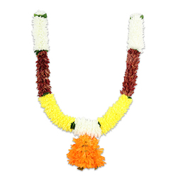 This U-shaped decorative mala hangs in the frame like a small festival of colour, captured against a stark white background that highlights every layered petal and textural detail. The arms begin with dense clusters of creamy off-white florets - tiny, soft, chrysanthemum-like shapes that suggest purity and invitation - each segment threaded closely as if by a careful hand. Directly beneath these pale crowns a band of reddish-brown introduces a rich, earthy counterpoint: the elements there are flattened and slightly textured, imitating dried petals or terracotta tones that add visual depth. The garland sweeps downward into a broad swathe of bright golden-yellow, the dominant colour composed of plush marigold-like forms so closely packed they read as a luminous ribbon of petals. Suspended at the lowest centre is a voluminous orange pendant, a multi-layered, ruffled bloom that becomes the visual and emotional focal point - warm, auspicious and celebratory. Intermittent green accents at the junctions act like small leaves or ribbon ties, giving structure and a lifelike pause between the colour blocks. The materials feel like premium silk and craft fibre under studio lights, with a soft sheen and tactile fullness rather than the fragility of fresh flowers. This style of toran, favoured for puja, temple hangings and doorway welcome at festivals such as Diwali or Pongal, is ideal for homes around Brent Cross, Hendon and the nearby shopping centre; Brent Cross Flowers sources high-quality artificials for reusable decorative pieces that uphold tradition while standing up to repeated use and local deliveries in NW11.