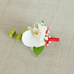 An elegant boutonniere rests on a softly woven light beige linen backdrop, the gentle texture of the fabric echoing the relaxed yet refined feel of a Brent Cross wedding morning. At its centre is a flawless white phalaenopsis orchid, the petals smooth and slightly luminous, curving outward like folded silk. In the heart of the orchid, a wash of pale yellow flows into tiny touches of reddish-orange and soft brown markings, creating a delicate pattern that draws the eye inward. Encircling this focal bloom are sprigs of white baby's breath, each minuscule flower forming a cloud of airy texture, as light and fleeting as breath on a cool day by the nearby Brent Reservoir. To the left, two compact lime-green chrysanthemum buds sit like small pom-poms, their tightly layered petals adding a playful yet modern twist and a vibrant splash of green. Beneath the flowers, a large deep green leaf and a smaller, darker leaf cradle the arrangement, adding structure and a fresh, garden-picked feel that reflects the work of an experienced local florist. The stems are gathered cleanly and wrapped in a rich crimson satin ribbon, the fabric tucked and smoothed with care, finishing in a discreet bow that introduces a bold streak of colour and romantic flair. The lighting is soft and even, with no harsh shadows, allowing every curve of petal, every vein in the leaf, and every fiber of the linen to be seen clearly. This boutonniere feels perfectly suited for a groom, best man, or prom guest around Brent Cross, a small yet meaningful floral accent that speaks of celebration, craftsmanship, and cherished moments.