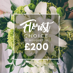 From Brent Cross, this Florist Choice bouquet reads as a study in modern luxury. Dominant white lilies rise with satin petals curling in soft arcs, catching the light with a serene, almost reverent glow. They are caressed by clusters of white ranunculus or spray roses, whose multiple petals create a cloud-like texture and gentle perfume. The lime-green notes-textured heads of Green Trick dianthus or compact lime hydrangeas-punctuate the composition, giving it a contemporary edge. Dark, lush foliage such as eucalyptus and ruscus threads through the arrangement, providing depth and a gardeny scent. It appears hand-tied, the stems visible at the base, ready for presentation. A figure in pale attire holds the bouquet in the blurred upper background, suggesting a bridal moment or formal celebration in the Brent Cross catchment. The frame at the centre remains crisp white: at the top, 'Florist Choice' glides in a graceful script; below, 'BOUQUET' sits in a clean uppercase sans serif; at the bottom, the £200 price anchors the piece as a premium gift. The image advertises not just beauty but reliability, with Brent Cross Flowers offering same-day delivery across Brent Cross, Cricklewood, and Golders Green, ensuring a luxurious gesture can arrive promptly for birthdays, anniversaries, or new beginnings.
