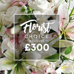 At Brent Cross Flowers, this Florist Choice Bouquet is captured in a lush close-up that feels like a handwritten note of romance, priced at ?300. The composition pairs immaculate white roses in multiple bloom stages with stately white lilies, their petals soft and silky, the inner edges tinted with a blush of pink. Smaller pink blossoms wink through the arrangement, while generous sprigs of pale green foliage-likely eucalyptus-provide a fresh, natural framework. The bouquet fills the frame with a generous, rounded silhouette, balanced by careful spacing that lets each bloom breathe. A white rectangular overlay sits squarely in the center, its border subtle, bearing branding in refined typography: Florist in a flowing script, CHOICE BOUQUET in bold uppercase sans-serif, then the distinctive "? BOUQUET ?" and the prominent "?300" in bold white. This image speaks to premium craftsmanship-perfect for significant birthdays, anniversaries, or a thoughtful gesture of sympathy delivered with dignity. The imagined scent is clean and uplifting, the textures from petal to leaf offering tactile warmth. Serving Brent Cross and surrounding NW2 communities, Brent Cross Flowers ensures reliable same-day delivery and careful handling, turning a beautiful bouquet into a memorable moment for loved ones in Cricklewood, Golders Green, or Hendon.