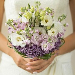 Bathed in soft daylight, a beautifully balanced bridal bouquet rests quietly in the hands of a bride, expertly crafted by Brent Cross Flowers for a special North West London celebration. Creamy white Lisianthus flowers-each with fluttering, ruffled petals and subtle chartreuse centers-preoccupy the viewer's eye, their elegance echoed in slender, unopened buds scattered throughout the bouquet. Billowing stock blossoms in diaphanous pinks and gentle purple-lavenders provide both volume and visual harmony, as if echoing the tranquil hues of nearby parks and gardens in Brent Cross. The arrangement's most distinctive flourish is its collar of star-shaped purple Allium, whose architectural forms add striking depth and an artful edge to the bouquet's romantic core. Sinuous tendrils of bear grass spiral above the Allium, wrapping the bouquet in a deep green ribbon that references the leafy boundaries of local estates. The hands at the frame's base, delicately manicured in a bashful nude, anchor the bouquet gracefully over a background of softly blurred wedding dress-possibly adorned with intricate lacework, a nod to classic bridal fashion seen at Brent Cross events. More than an arrangement, this bouquet captures bespoke artistry and heartfelt celebration, tailored for spring and summer weddings throughout Brent Cross and surrounding neighborhoods. It stands as a testament to local traditions, gentle elegance, and floral innovation.