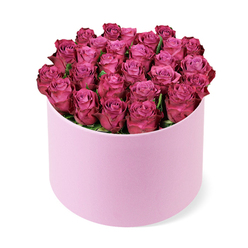 Massive, opulent, and meticulous, this deep magenta rose composition rests in a round pastel pink hat box with a velvety matte texture. Dozens of fresh blooms are pressed together into a lush dome, their tightly curled petals displaying a spectrum from soft pink centers to dark, jewel-like outer edges. The arrangement fills the box completely, with only a whisper of emerald foliage breaking the sea of colour, ensuring the roses dominate with their satin sheen and intoxicating scent. The hat box, sleek and cylindrical, is presented against a crisp white backdrop, its pale hue a perfect stage for the dramatic colour of the roses. As a local florist rooted in Brent Cross, I think of neighbours along Cricklewood Lane, the Brent Cross Shopping Centre, and Hendon when I envision delivering this piece. It speaks of romance and luxury, suitable for grand celebrations, anniversaries, or a heartfelt declaration of admiration. Available for same-day delivery across Brent Cross and nearby NW London posts, this bouquet carries the promise of refined taste and quiet drama, a statement that would elevate any room when set as a sophisticated centerpiece or gifted on a special occasion.