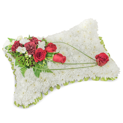This carefully crafted rectangular memorial cushion is built from a dense field of small, snowy white chrysanthemums, each bloom placed to create a soft, tactile surface that invites a moment of quiet reflection. The white base conveys purity and repose, while a narrow border of pale green satin ribbon or foliage peeks between the outer blooms, neatly outlining the pillow and adding a whisper of fresh colour. Anchoring the composition at the top left is a rich cluster of deep red roses and dark burgundy carnations; the roses vary from tight buds to full-open blooms, their velvety petals providing a warm, emotive counterpoint to the pristine white beneath. Interspersed among these are tiny white freesia-like sprays, which bring a whisper-light fragrance and delicate texture. Generous green foliage-soft fern fronds and glossy leaves-frames the cluster and gives it weight. Three elegant strands of bright green bear-grass arc from the upper spray toward the lower right, their sweeping curves creating a visual connection across the cushion and culminating in a single prominent red rose that appears lovingly placed at the end of the trail. The lighting is soft and even, as if viewed in gentle chapel light or the cool morning calm near Brent Cross, and the overall mood is one of respectful beauty. As a local florist familiar with services across Brent Cross, Golders Green and Cricklewood, Brent Cross Flowers often recommends this style for funerals and memorial tributes where simplicity, grace and heartfelt symbolism are desired.