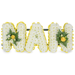This heartfelt floral tribute evokes the warm, familiar hush of remembrance, spelling "MAM" in three substantial capital letters crafted entirely from small white chrysanthemum sprays. Each letter's surface is a soft, tactile field of tiny petals, packed densely to create a cushion-like look that catches a cool, morning light and suggests tenderness under the hand. The perimeter of every letter is neatly finished with a bright, sunny yellow pleated ribbon that folds and reflects light like a satin halo, providing a crisp, uplifting frame to the white blooms. At each end, the first and last M are gently punctuated with small accent clusters centred on a tight, buttery yellow rosebud, its petals still slightly furled, surrounded by delicate white freesia sprays and fresh, deep-green foliage - fine fern fronds and glossy leaves that add a cool, living contrast. A slim dark green support bar runs behind the upper sections, unseen from the front but giving the piece its composed, freestanding posture for chapel display or graveside placement. The arrangement smells faintly of cut chrysanthemum and freesia, a subtle, comforting perfume rather than an overpowering scent. As a florist familiar with Brent Cross and the surrounding streets toward Cricklewood and Golders Green, I picture this tribute laid gently on a chapel stand or propped near a family photograph, a quiet, affectionate homage that reads of enduring love, dignity and the soft brightness of memory.