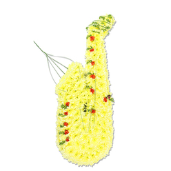 This image shows an imaginative funeral tribute crafted in the exact silhouette of a saxophone, set crisply against a white background to showcase every floral detail. The main structure is meticulously built from dense clusters of bright, sunny yellow chrysanthemum florets, each bloom set tightly against the next so that the surface appears plush, almost like velvet. These chrysanthemums trace the familiar curves of the sax, from the sweeping neck to the gradually opening bell, capturing both the strength and fluidity of the instrument. Dotted artfully across this yellow canvas are small, rich red rosebuds and tiny spray roses, carefully placed to mimic keys and buttons, their deeper colour adding emotional intensity. Flowing through and around the design, slender green stems and trails of foliage, likely ivy and bear grass, echo the lines of tubing and create a feeling of music spiralling from the instrument, as though it were being played on a quiet evening near Brent Cross Shopping Centre or along the North Circular. At the top, by the mouthpiece area, a few fine metallic or green wires are visible, lending support and suggesting the functional parts of a real sax. The tribute radiates tenderness and artistry, perfectly suited to honour a saxophonist, band member, or music enthusiast whose life touched friends and family across Brent Cross and surrounding neighbourhoods. The yellow chrysanthemums express hope, shared laughter, and remembrance, while the red roses bring a heartfelt note of love and farewell, creating a design that is both visually striking and emotionally resonant.