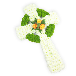Viewed slightly from above, this floral Celtic cross balances timeless formality with a contemporary economy of line: a sweep of airy white chrysanthemums shapes the broad arms and elongated shaft, their clustered spray heads creating a soft, cloudlike texture that reads as purity and calm. Interwoven throughout are bright apple-green cushion chrysanthemums whose rounded, button-like blooms introduce tactile contrast and visual rhythm, laid in tight rows to define the circular ring where the arms meet and to punctuate alternating sections of the horizontal arms. At the exact centre a small gathering of vivid yellow-orange roses glows like a soft sun, their petals still compact and luminous, providing a warm emotional anchor against the cool whites and fresh greens. The arrangement is lit with even, natural-feeling light that sculpts the petals and underscores the three-dimensional architecture of the cross, while a modest hint of rose perfume would lift subtly from the centre if the bouquet were in the room. The overall mood is one of quiet dignity and hopeful warmth, a sympathy tribute that mourns yet welcomes memory; it feels equally at home at a funeral chapel or as an altar piece in a small parish near Brent Cross Shopping Centre. As a florist familiar with services across Brent Cross, Hendon and Cricklewood, I picture this design delivered with care to local family homes or placed beside a photograph at a memorial service, its balanced palette suggesting both tradition and gentle renewal.
