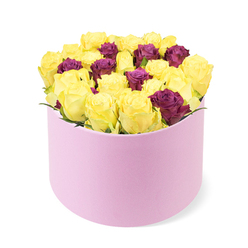 Brent Cross Flowers presents a celebration of contrast and harmony: a round, pale pink, soft-matte gift box cradling a dense bouquet of roses. We choreograph thirty to forty stems into a compact dome, the box occupying the lower half of the image while the blossoms rise toward the viewer with confident presence. The majority are bright yellow roses, their petals unfurling with a sunlit energy that radiates warmth and cheer. Woven through the yellow are regal burgundy and deep purple roses, a deliberate counterpoint that adds sophistication and depth to the arrangement. The blooms are packed with precision, creating a plush, almost couture heft that spills slightly over the box's edge. The pink box's velvet-like texture catches the light, enhancing the luxe impression of the gift. Crafted for moments when you want to say 'you're special,' this bouquet suits birthdays, anniversaries, or grand gestures of appreciation. It reads as modern glamour-bright, joyful, and refined-yet it also carries a sense of thoughtful artistry, as if the designer considered every petal's place. Available for same-day delivery across Brent Cross and neighbouring NW districts, this piece embodies Brent Cross Flowers' commitment to freshness, presentation, and care. A perfect expression for a milestone or to usher in a moment of celebration, it pairs dramatically with a celebratory bottle of bubbly or a handwritten note, transforming the ordinary into something memorable. It is a gift that speaks of care, locality, and everyday joy.