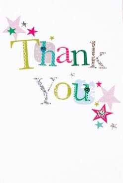 The thank-you card sits like a small celebration on a clean white field, its message spelled in letters that each tell a different story - lime green that feels lively, fuchsia that laughs, and a cool blue that calms, while some characters shimmer faintly in silver. Each letter is treated as a tiny patchwork: polka dots, stitched edges, and subtle textures suggest the handiwork of an artisan touch. Scattered around the wording, tiny stars in magenta, teal and warm gold collect in playful clusters, as if someone shook a jar of confetti and tipped it lightly over the sentiment. The composition breathes; the white background gives each shape room to resonate, and the visual rhythm moves from left to right like a cheerful melody. There's a tactile suggestion here - the glittered silver catching morning light, the raised stitch motif that invites a fingertip - that pairs perfectly with wrapped stems and ribbon. I often choose cards like this for bouquets going out to friends across Brent Cross, Cricklewood and the streets around the shopping centre, because their bright personality complements summer-floral colour palettes and occasions of simple thanks. Tucked into a delivery, it amplifies the bouquet's warmth: not overblown, but sincere and slightly mischievous, the kind of gratitude you feel when someone makes your day easier or brighter.