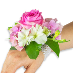 Set against a pristine white backdrop, this wrist corsage is shown on the left hand and forearm of a wearer with a light-to-medium skin tone, presenting every textural and colour detail with clarity. Dominating the piece is a full, deep fuchsia-pink rose whose velvety petals form a dramatic central spiral; surrounding it, clusters of soft blush-pink hydrangea florets pad the design like delicate cushions, their tiny four-petalled faces overlapping to create a plush, romantic volume. Scattered among the hydrangea are crisp white alstroemeria flowers, their petals smooth and slightly translucent with subtle pale green markings near the centre, offering a clean, luminous contrast. To one side a small cluster of pale green alstroemeria buds and a few nearly unfurling pink buds suggest freshness and movement, their slender forms poised to open. Rich emerald leaves provide a glossy backdrop, their broad surfaces reflecting light and framing the blooms with deep, cool green. The corsage is anchored by an elegant multi-strand bracelet of tiny white pearls, woven to sit comfortably around the wrist and partially along the back of the hand, where the pearls catch the light like soft moonbeams. The overall composition conveys refined, wearable floristry - fragrant, tactile, and composed with restraint - ideal for weddings, proms, or any occasion that calls for a timeless floral accent hand-crafted with attention to proportion and finish.