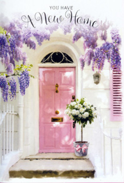 Captured here is a tranquil entranceway that feels perfectly suited to a new home in Brent Cross, where busy high streets give way to tree-lined roads and quieter corners. A soft pink front door forms the central focus, its pastel paint beautifully even and slightly matte, catching the natural daylight so that it appears almost to glow. Flanking the door, whitewashed walls and a modest shutter painted in complementary tones help the colours feel balanced and calm. Above, wisteria tumbles in generous cascades, its lavender blossoms gathered in loose, draping clusters that hang down over the doorway like a floral curtain. The wisteria's slender stems twist and twine, adding a note of organic wildness that contrasts gently with the tidy architecture often found around Brent Cross's residential avenues. On the doorstep, a sturdy grey bucket has been pressed into service as a charming container for a lush bouquet of creamy white roses. The roses are densely packed, their petals soft and velvety, slightly ruffled at the edges, as if freshly arranged for delivery that morning. Interspersed among the blooms are fine tendrils of pale green foliage, giving the arrangement depth and lightness. A pink ribbon, in a shade that echoes the door, wraps around the bucket's base, tied in a simple, elegant bow whose trailing ends soften the metal's clean lines. The light in the scene is gentle and optimistic, perhaps late morning, with subtle shadows falling across the step. The overall impression is one of warmth, new beginnings, and thoughtful celebration-perfect for marking a housewarming in Brent Cross, where family and friends might gather to toast a new chapter under a doorway framed by flowers and hope.