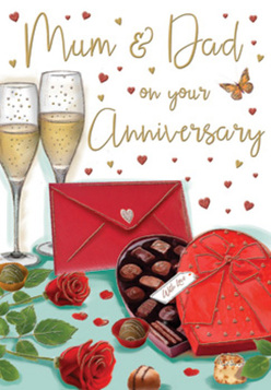 In this richly detailed anniversary card illustration, a carefully arranged celebration for Mum and Dad seems to unfold on a table you might find in a Brent Cross family home, glowing with warm, romantic colour. At the heart of the scene, deep red roses rest gracefully on the surface, their petals densely layered and softly shaded, so lifelike that you can almost imagine their familiar scent after being freshly delivered from a local florist near Hendon Central. The roses are supported by glossy green leaves that curve naturally around them, giving the arrangement a full, balanced look. Nestled alongside is a heart-shaped box of chocolates, its smooth, red exterior and generous bow drawn with subtle highlights that evoke the sheen of satin ribbon. The lid is tipped open, revealing rows of assorted chocolates, each with its own swirl, dusting, or glossy top, inviting a shared treat at the end of the evening. Behind this, two slender champagne flutes stand close together, filled with golden sparkling wine, fine bubbles drifting upwards and catching the light in the clear glass, as if caught mid-toast in celebration. Scattered gold and crimson hearts float across the background, creating a soft, playful frame around the scripted "Mum & Dad" greeting at the top of the card. A vivid red envelope lies in the corner, neatly sealed, suggesting a personal, affectionate message written for the couple, perhaps after a stroll through nearby Clitterhouse Playing Fields. The whole composition glows with romance and elegant simplicity, capturing the essence of an anniversary evening shared in Brent Cross: flowers, chocolate, champagne, and heartfelt words.