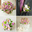 This four-part collage captures an entire wedding flower story in harmonious tones of pink, lavender, and fresh green, reminiscent of a refined ceremony near Brent Cross. In the upper-left panel, the bride is shown from the shoulders down, her white lace dress softly blurred so that the rounded bouquet she holds becomes the focal point. It is lush and tightly composed, filled with pale pink and lilac roses at different stages of opening, giving the bouquet a sense of depth and movement. Between the roses, bright green button chrysanthemums add uplifting flashes of colour, while pale pink alstroemeria, lightly speckled with yellow, and feathery white baby's breath lend a delicate, airy texture. A frame of glossy green foliage completes the bouquet, evoking the freshness of flowers gathered just that morning. In the upper-right panel, we see a dark charcoal-grey suit jacket paired with a bold fuchsia tie. Pinned to the lapel is a petite boutonniere, made from a single light pink rosebud, a few tiny green chrysanthemum heads, and sprigs of gypsophila, with slender blades of decorative grass looping gently around. Everything is neatly secured with a slim pink ribbon that echoes the tie, creating a subtle but thoughtful coordination. The lower-left panel reveals a horizontal view of a matching bouquet resting on a beige textured cloth. Here, the fuchsia ribbon wrapping the stems stands out clearly, revealing the hand-tied spiral and the even spacing of roses, button chrysanthemums, alstroemeria, and baby's breath, all arranged with the care of an experienced florist. In the lower-right panel, a rounded table centerpiece sits on a white surface. The same blooms rise in a dome from a white spherical vase with an intricate, woven or lattice finish, flanked by two smaller woven decorative spheres. The designs feel perfectly suited to wedding receptions and intimate gatherings around Brent Cross and nearby Hampstead Garden Suburb.