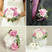 The photograph gathers an intimate suite of wedding flowers, designed with the elegance and ease that suits a Brent Cross celebration. Dominating the composition is the bride's bouquet, a lush hand-tied cluster of cream peonies with full, ruffled faces, intertwined with blush-pink roses that spiral inward in velvety curls. Deeper accents of magenta and muted lavender roses are tucked between the lighter blooms, adding dimension and a hint of drama, like evening light settling over nearby Hendon and Golders Green. Fine clouds of white gypsophila thread through the bouquet and around its edges, softening every transition and giving the impression that the flowers are sitting within a gentle mist. The entire arrangement is held together by smooth, sculptural green leaves, their glossy surfaces catching the light and framing the pastel petals with a fresh, botanical contrast. Resting beside the bouquet is the groom's boutonnière: a single lilac rose, perfectly formed and slightly cupped, cradled by feathery greenery and tiny white blossoms, its stem discreetly wrapped in a narrow lavender ribbon that glows faintly. In the background, a white woven vase holds a related bouquet in similar tones of cream, blush, and light rose, suggesting a table centrepiece ready to grace a reception space close to the Brent Cross shopping centre or a nearby garden marquee. The lighting is soft and natural, evoking a calm, reflective atmosphere, as if these pieces were photographed in a quiet room just before the ceremony. Together, these arrangements speak of romance, care, and gentle joy, the scent of peonies and roses seeming to weave through the air and into the unfolding story of a Brent Cross wedding day.
