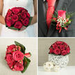 This four-part collage captures a fully coordinated red rose wedding collection, the sort of refined styling that would look at home at a Brent Cross hotel or local ceremony venue. The top-left image shows a bride in a classic white gown, her upper body out of frame so the focus falls entirely on the bouquet she holds close to her waist. The bouquet is compact and domed, formed from tightly grouped deep red roses whose petals curl inward in velvety spirals. Between the blooms, small clusters of lustrous red hypericum berries add texture, while a smooth collar of rich green foliage wraps around the base, keeping the design tidy and balanced. In the top-right panel, we see the groom's dark charcoal suit jacket, sharp red tie, and crisp white shirt. Pinned to his lapel is a delicate boutonniere composed of a single red rosebud cradled in fine green foliage, sprigs of airy white gypsophila, and a few matching red berries. The stems are bound in a narrow red satin ribbon tied in a precise bow, suggesting an experienced florist's hand. The bottom-left image presents another red rose bouquet, perhaps intended for a bridesmaid or to dress the signing table. Here, lush red roses and berries are partially enclosed by wide, dark green tropical leaves that arc protectively around the flowers, creating a bold, sculptural outline. The stems are wrapped in a red ribbon, with the arrangement resting on a textured beige fabric that softens the overall look. Finally, the bottom-right frame highlights a dome-shaped centerpiece of red roses and berries, compact and low, placed atop a white, intricately woven spherical base made from natural fibres. Two smaller, wooden-toned woven orbs sit nearby on a smooth, pale surface against a muted beige and grey backdrop. Together, the four designs show how a single red palette can flow gracefully from personal flowers to table décor, perfect for couples planning a warm, passionate celebration around Brent Cross.