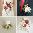 This four-image composition presents a fully coordinated wedding floral concept, carefully described as if arranged by a neighbourhood florist in Brent Cross. The top-left panel shows the bride from mid-torso down cradling a dramatic, cascading bouquet where pure white lilies open like stars and rich red roses provide concentrated colour. Multiple white phalaenopsis orchids trail downwards in soft, satin cascades, their smooth petals contrasting with tiny white gypsophila and clusters of glossy red hypericum berries that add spark and texture among varied green foliage. Light falls gently from the left, highlighting lace detailing on the bodice and the natural sheen of each bloom. The top-right frame zooms to a groom's charcoal suit lapel where a single phalaenopsis orchid anchors a boutonniere, accompanied by red berry clusters, baby breath and a small loop of red ribbon that coordinates with his vibrant tie. The lower-left image offers a close, tactile study of the matching corsage laid on cream-coloured linen-every petal, ribbon twist and leaf vein is visible. The lower-right panel presents a centerpiece in a decorative white woven vase, flanked by white spherical ornaments; it repeats the palette of lilies, roses, orchids, berries and delicate greens so the tables echo the bridal party. As a florist serving Brent Cross, Golders Green and nearby Hendon, Brent Cross Flowers would describe the scent as a soft blend of rose and lily, the textures from satiny orchid petals to waxy berries, and offer thoughtful same-day coordination to ensure the look arrives fresh for ceremony and reception.