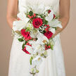 This image presents a luxurious cascading wedding bouquet, held closely against the midsection of a bride whose ivory gown shows fine lace details along her upper body and sleeves. The bouquet is built around sumptuous crimson roses, their petals densely layered in spirals that convey passion and depth with every curve. Nestled between them, pure white lilies stretch out their satin-like petals, each bloom revealing subtle green stamens that add an understated freshness. Flowing from the base, arching stems of white Phalaenopsis orchids spill gracefully downward, forming a soft waterfall of blooms and buds that lend movement and modern sophistication. Delicate sprays of white baby's breath thread through the arrangement, gently blurring the transitions between flowers and giving a light, airy halo effect. Small clusters of bright red hypericum berries dot the bouquet, their glossy surfaces catching the light like tiny ornaments, recalling festive gatherings around Brent Cross and Hendon during celebratory seasons. The flowers are framed by varied green foliage-wispy fern-like textures, longer trailing leaves, and structured greenery-that provide volume and shape, accentuating the teardrop silhouette. The background is softly out of focus, rendered in warm beige tones that make the red-and-white palette stand out clearly. This bouquet feels thoughtfully crafted and deeply romantic, suited to a Brent Cross couple exchanging vows at a local venue, where their flowers are intended to mirror both the joy of the day and the polished style of a city wedding inspired by the nearby gardens and parklands.