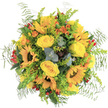 Radiant and full of life, this round bouquet from a Brent Cross florist glows with the lively colours and cheerful energy of the NW4 community. At the centre, broad-faced sunflowers beam with golden petals and bold, textured centres, surrounded by plush yellow roses whose layered petals evoke both comfort and exuberance. Dashes of orange, supplied by delicate freesia or snapdragon-like blooms, mirror the sun-dappled avenues and local parks, while scattered red hypericum berries add a playful, spirited touch, bringing to mind the vibrancy of North West London's markets. Wispy ferns and bright, buoyant filler greens lend a luxurious, garden-fresh feel, and matte eucalyptus leaves with their calming silvery-blue hue drift between warmer tones, balancing the visual richness and providing a subtle scent. The palette is grounded by the occasional deeper green or reddish succulent leaf, creating mystery and visual intrigue. Set against a stark white background, the detailed textures and expressive colours of the florals shine. The bouquet is a clear expression of celebration and local joy-equally suited for birthdays, housewarmings, or a heartfelt thank-you, it carries a sense of freshness and neighbourly care typical of Brent Cross Flowers, always prepared with thoughtful attention and delivered with a smile.