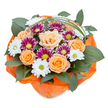 Radiating warmth and joy, this bouquet reflects the heart of Brent Cross with its exuberant blend of colour and form. At its center, peach and orange roses unfurl their rounded petals in lush layers, creating an inviting focal point that draws the eye in. Intricately detailed chrysanthemums-both crisp white with bright green centers and velvety magenta with yellow-green hearts-provide dynamic texture and bursts of complementary colour. The vibrant blooms sit atop a dense bed of glossy dark foliage, recalling the greenery of Brent Cross's hidden gardens. Animated bear grass arcs elegantly above, lending airiness and contemporary style. Encasing the stems is a wrap of vivid orange cellophane, whose crinkled finish heightens both the bouquet's warmth and its sense of occasion, much like the lively community gatherings nearby. This arrangement is perfectly suited for birthdays, thank-yous, and spontaneous acts of kindness, merging artistry and local character for same-day delivery wherever a touch of Brent Cross beauty may be needed.
