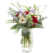 This arrangement exudes a quiet sophistication, artfully blending deep red roses-symbols of passion and admiration-with radiant white Gerbera daisies that bring clarity and comfort, echoing the welcoming neighbourhoods of Brent Cross. Subtle purple Lisianthus peep through the bouquet, both in delicate open blooms and elongated buds, their soft hue lending an airy romanticism. Snowy white filler flowers, reminiscent of tiny field blossoms, add fullness and lift to the design. Silvery-green eucalyptus leaves weave an aromatic freshness through the mix, while broad, glossy leaves anchor the bouquet with modern structure-one sweeping leaf elegantly frames the lower edge, much like the deliberate lines of Brent's architecture. Each stem is clearly visible through the curved glass vase, submerged in crystal water to emphasise the arrangement's freshness and thoughtful preparation by local florists. Ideal for birthdays, anniversaries, or simply to bring a touch of nature's grace into a home near Hendon, this bouquet is more than a display-it's a moment of connection, expertly arranged as a reflection of Brent Cross's lively and caring spirit.