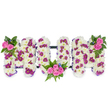 A three-dimensional floral tribute forming the letters 'MUM', arranged against a plain white backdrop so every texture reads clearly. Each letter is built on a plush carpet of small, snowy-white chrysanthemum blooms that give the composition a cloud-like softness and a quiet, consoling presence. Scattered through the white base are clusters of deeper magenta and purple pom-pom chrysanthemums that create a gentle mottled pattern, catching the eye and lending depth to the otherwise monochrome surface. Bright pink spray roses are used as focal punctuation - a single, cheerful cluster at the upper left of the first 'M', a matching cluster at the upper right of the final 'M', and a larger, more embracing grouping tucked into the lower curve of the central 'U'. Around these rose clusters, rich dark-green foliage, including fern fronds and glossy leaves, fans out to give contrast and a sense of life; tiny sky-blue accent flowers peek between petals like soft, unexpected glints. A subtle dark horizontal bar ties the three letters together, hinting at the wooden or floral foam support beneath and lending a restrained structural line to the overall piece. The arrangement's palette - pristine white, warm pink, and jewel-toned purples with deep greenery - reads as both traditional and tender, suited to a funeral chapel, memorial service, or a quiet wake. The scent is faint and sweet rather than overpowering: imagined notes of fresh chrysanthemum and rose. As described by a local florist, this bespoke 'MUM' tribute carries the weight of remembrance while offering a soft, crafted embrace for family and friends in Brent Cross and the surrounding neighbourhoods.
