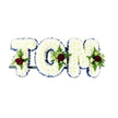 A serene, hand-crafted memorial spells out the name 'TOM' in three large, pillowy letters formed entirely from pristine white chrysanthemums. The tiny, cushion-like blooms are packed densely to create a soft, almost cloud-like texture that catches light across each curve and angle; their subtle, comforting scent is barely there, like a quiet breath in the room. Each letter is crisply edged with a deep royal blue ribbon that traces the silhouette, lending dignity and definition against the immaculate white backdrop. Thoughtfully placed within the centre and lower sections of the 'T', 'O' and 'M' are small, symmetrical sprays: a single velvety dark red rose anchors each spray as a focal point of love and remembrance, surrounded by creamy ivory spray roses and slender fern fronds which introduce fresh green tones and a whisper of texture. A thin dark metal support bar is visible at the base, unobtrusively holding the letters upright for display at a chapel or graveside. Bathed in soft, diffuse studio light, the arrangement reads as both a clear, personal message and a gentle embrace - quiet, respectful, and composed. As a design suited to memorial services across Brent Cross and neighbouring Cricklewood or Golders Green, it offers a classic grief-care aesthetic: structured craftsmanship, muted fragrance, and a calm palette that comforts mourners while honouring the life remembered. The overall effect is intimate and reverent, a bespoke sympathy tribute that feels like a steady hand at a tender moment.