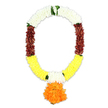 This traditional-style artificial funeral garland is photographed against a spotless white background, its colours and form carefully composed to convey both reverence and gentle comfort. Shaped into a soft U or oval, the garland's upper portion is built from richly packed white petals, their surface plush and even, suggesting a soft cushion of calm over the shoulders of whoever is being remembered. Here and there, small accents of green foliage are woven between the white segments, just enough to suggest living leaves, like the glimpses of green you catch in the quieter corners of Brent Cross Park or the tree-lined side streets nearby. As the garland extends down the sides, the pure white shifts into velvety maroon clusters, the colour deep and warm, drawing the eye downwards in a slow, respectful progression. These maroon tones then give way to wide expanses of bright yellow petals along the base, the yellow holding a soft brightness that feels hopeful without being loud, echoing shared stories and the warmth of a life celebrated. On either side near the bottom, small bands of white petals are tucked neatly into the yellow sections, providing balance and a moment of visual stillness before reaching the focal pendant. Suspended from the lowest point is a large, spherical pom made of tightly layered orange petals, full and rounded, creating a striking yet harmonious finish. Each artificial petal appears thoughtfully placed, giving the garland a dense, textured look similar to fresh floral work by an experienced local florist. This mala would be a dignified and enduring tribute for funerals, cremations, or memorial services held in and around Brent Cross, offering a visually soothing expression of farewell.