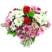 A rounded, dome-shaped bouquet is captured against a plain white backdrop, its colours radiating outward in a harmonious blend that feels both modern and warmly traditional, like a favourite Brent Cross high-street florist's signature design. Two prominent deep red roses anchor the centre, their tightly coiled petals rich and velvety, suggesting deep affection and timeless romance. Surrounding them is a luxurious ring of white daisy-like chrysanthemums, each with a vivid lime-green heart that adds a bright, playful energy, reminiscent of fresh grass after a shower in nearby Clitterhouse Farm. Between and beyond the white blooms, numerous pink and soft magenta daisy chrysanthemums unfurl, their tones ranging from gentle pastel to more confident rose-pink, all unified by the same lively green centres. Scattered delicately through the bouquet, tiny clusters of pale pink waxflowers form a fine, feathery layer of texture; their miniature star-shaped blossoms and slender woody stems bring an almost whisper-light detail to the arrangement. Lush green foliage, including broad, glossy leaves and lighter, more tender greens, cups the flowers from beneath and around the sides, creating a rich contrast to the reds, whites, and pinks and enhancing the bouquet's sense of freshness. The stems are visible at the base, neatly trimmed and firmly bound, ready to be placed straight into a favourite jug or vase in a Brent Cross home or office near Hendon Way. The mood is one of joyful celebration and heartfelt care, making this bouquet ideal for occasions such as birthdays, thank-you gifts, get-well wishes, or simply to brighten a quiet corner with a burst of local floral colour.