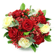 A richly textured, rounded bouquet of red and white roses is presented against a bright white background, every shade and contour standing out with graceful clarity. At the core of the design, deep red roses open fully, their velvety petals layered and lush, capturing the intense romance of a heartfelt gesture delivered to a doorstep near Brent Cross station. Intermingled with them are creamy white and softly yellow-tinted roses, whose lighter tones bring a sense of serenity and balance, like soft daylight filtering into a quiet living room off the North Circular. Fine sprays of scarlet gypsophila swirl between the roses, their myriad tiny flowers forming a delicate, cloud-like texture that deepens the overall red impression without feeling heavy. Bright red hypericum berries punctuate the bouquet, their smooth, rounded forms glowing like little festive baubles, perfect for marking special occasions from anniversaries to seasonal celebrations around Brent Cross Shopping Centre. Surrounding the flowers, a mix of rich green leaves and cool, rounded eucalyptus adds structure and contrast, making the arrangement feel both lush and contemporary. The stems are gathered into a clear, glass-like vase or container, its base wrapped with a simple green and white check accent that hints at careful, thoughtful presentation by Brent Cross Flowers. The bouquet's overall effect is one of warmth, elegance, and joy, ideal for sending love, congratulations, or heartfelt thanks to homes and offices across Brent Cross, Hendon, and the wider NW4 and NW11 neighbourhoods.