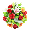 This richly coloured bouquet, viewed from above on a plain white background, appears as a harmonious circle of texture and tone, carefully designed to delight both eye and imagination. Deep red roses form the emotional centre, some still closed in tight buds, others beginning to unfurl their velvety petals, suggesting intimacy and affection. Grouped among them are large white lilies kissed with soft pink, their broad star-shaped petals open wide to reveal speckled interiors and golden stamens that seem to float above the bloom; a few slender buds remain closed, adding height and a sense of anticipation. Punctuating the arrangement, bright orange and yellow gerbera daisies shine like small suns, their precise, radiating petals encircling darker centres and lending the bouquet a modern, upbeat feel reminiscent of a lively afternoon around Brent Cross. Tucked between these larger flowers, lime green button chrysanthemums create small domes of dense petals, adding playful texture and a refreshing burst of green that balances the warmer tones. Deep red carnations echo the colour of the roses but contribute a ruffled, multi-layered softness, helping to build the rounded, dome-like shape of the design. A ring of mixed foliage surrounds the blooms: glossy dark green leaves bring depth and structure, while paler, silvery-green sprigs evoke eucalyptus and soften the edges with a cool, breezy touch. The overall mood is one of celebration, warmth, and thoughtful care, as if this bouquet is ready to be hand-delivered to a home or office near Brent Cross to mark a birthday, a new baby, a promotion, or simply to brighten an ordinary day. It showcases the skill of a florist who understands how to balance colour, fragrance, and feeling in one generous arrangement.