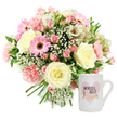Against a bright white studio background, this image presents a tender floral and keepsake mug set, capturing the sort of heartfelt gesture often sent from Brent Cross families to the mums they cherish. On the left sits a rounded bouquet, hand-tied with the stems neatly bundled and left visible, giving the arrangement a freshly made look, as though it has just been finished at Brent Cross Flowers for delivery across NW2 and NW11. The bouquet's colours are soft and welcoming: creamy whites, powdery pinks, and vivid bright pink accents, surrounded by touches of fresh green. At its core, several large cream roses unfurl in lush spirals, their velvety petals layered closely, suggesting warmth and enduring affection. Tucked around them, ruffled light pink carnations introduce playful texture, while bright pink gerbera daisies with dark brown centres face outward, adding a joyful, eye-catching pop of colour like a burst of laughter at a family gathering. Smaller pink spray roses, some blooming and some still tight buds, are interwoven through the design, contributing to the sense of fullness and intimacy. Feathery sprigs of white gypsophila fill the spaces between flowers, giving the bouquet an airy, almost cloud-like softness. Slender white alstroemeria, each petal traced with subtle reddish-brown flecks, arc gracefully among the other blooms, bringing quiet elegance and a hint of movement. Sprays of green foliage frame and support the blossoms, underscoring their freshness. To the right of the flowers, a pristine white ceramic mug is positioned slightly forward. Its front bears a stylised pink heart with the bold black word MOM centred inside, and just below, the word BEST appears in smaller black letters, together clearly stating BEST MOM. A paler abstract pink motif rests beneath the text, adding a final decorative note. The overall impression is of a warm, loving tribute, perfect for Mother's Day, a birthday breakfast, or a surprise delivery to a devoted mum living around Brent Cross and the nearby shopping centre.