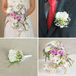 This detailed four-image collage showcases a cohesive wedding flower story, as if planned for a chic Brent Cross ceremony and reception. The top left panel focuses on the bride's hands and mid-torso, her white lace dress forming a delicate backdrop for a cascading bouquet rich in texture and colour. White phalaenopsis orchids, their broad petals silky and luminous, sweep downward among layers of blush pink garden roses, lilac-tinged stock, and airy clouds of baby's breath. Fresh greenery peeks out between the blooms, while deep pink, almost fuchsia, spiky flowers add a streak of contemporary drama, suggesting both romance and confidence.
In the top right frame, attention turns to the groom's lapel on a dark charcoal or black suit. A bold red tie and a fine-patterned dress shirt provide contrast as a single pristine orchid boutonniere takes centre stage. The white orchid is framed by tiny gypsophila florets and slim green sprigs, the stems bound tidily with white satin ribbon. On the bottom left, this same boutonniere is photographed resting on a light beige, textured fabric-perhaps linen or burlap-so every detail of the florist's handiwork is visible, from the smooth ribbon wrap to the natural curve of the petals.
The bottom right panel reveals the coordinated table centerpiece, perfect for a reception at a Brent Cross hotel, restaurant, or a private home near Clitterhouse Playing Fields. Arranged in a white woven or lattice-patterned cylinder vase, the design echoes the bouquet with its white orchids, soft pink roses, pale lavender stock, baby's breath, and fresh greenery, all accented again with those deep pink spires. Two white woven decorative spheres sit nearby on a pristine white surface, tying together a look that is elegant, romantic, and meticulously considered.